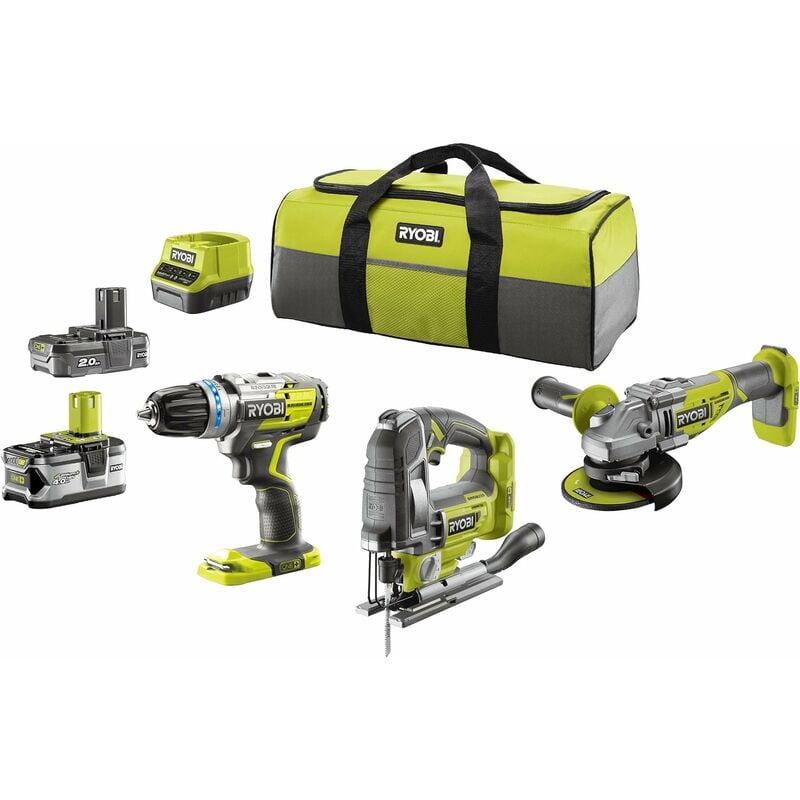 Ryobi - pack 3 outils Brushless : perceuse a percussion (R18PDBL-0), scie sauteuse (R18JS7-0), meuleuse d'angle(R18AG7-0), 2 batteries 2/4 Ah, 1