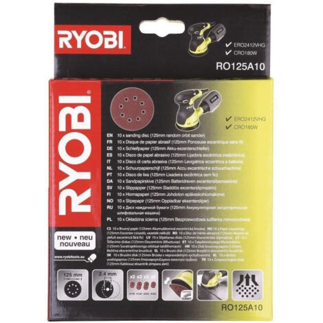 RYOBI Lot de 10 disques abrasifs - 125mm - Grain 100, 120, 240 et 320 - RO125A10