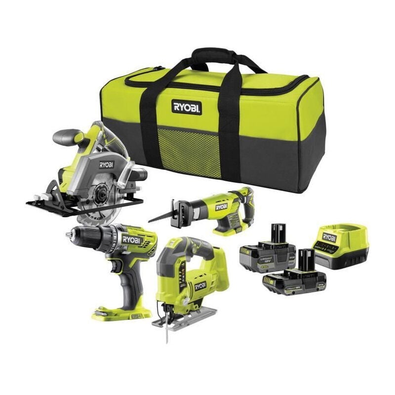 Ryobi - Pack 4 outils sans fil One+ RCK184C-242S - Perceuse - 3 scies circulaire, sauteuse, sabre - 2 batteries 2Ah et 4Ah