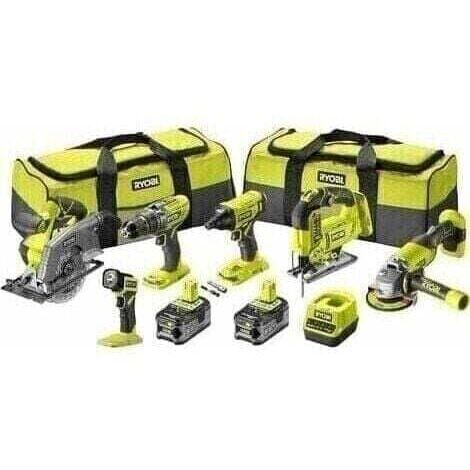 RYOBI - Pack 6 Outils - Perceuse à Percussion + Visseuse à Chocs + Meuleuse 115mm + Scie Sauteuse + Scie Circulaire + Lampe Torche - 2 Batteries 5,0Ah & Chargeur - 2 Sacs de Transport - RCK186A-250S