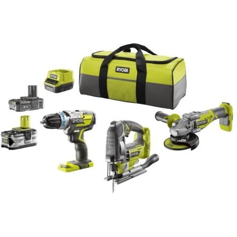 Ryobi – Pack de 3 outils électroportatifs Brushless 18V – Perceuse à percussion, scie sauteuse, meuleuse d'angle – 2 batteries 2/4Ah, 1 chargeur 2A