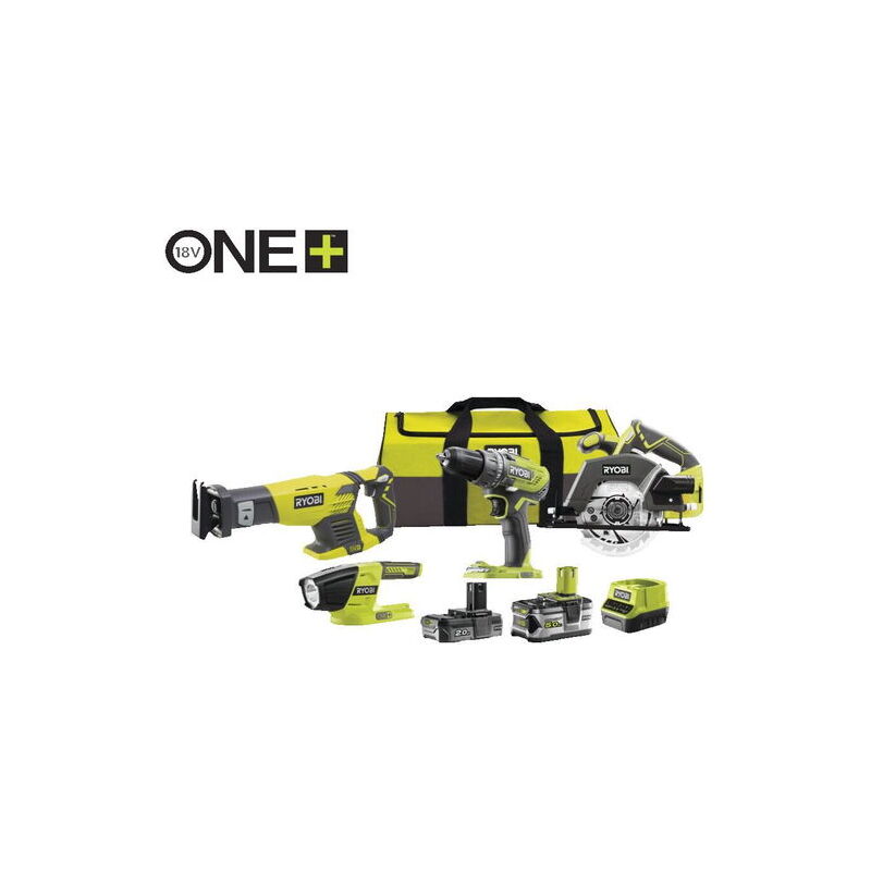 Pack Ryobi 4 outils: Perceuse-visseuse à percussion 2 vitesses 18V one+ (R18PD3-0) - Lampe torche led 18V one+™ (RLF18-0) - Scie sabre 18 v One+