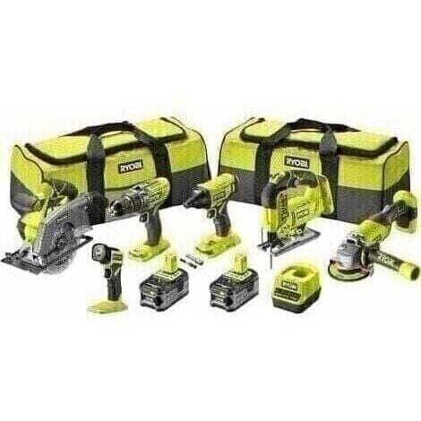 Ryobi – Pack de 6 outils électroportatifs 18V – Perceuse à percussion, visseuse à chocs, meuleuse 115mm, scie sauteuse, scie circulaire – 2 batteries 5,0Ah et chargeur – 2 sacs de transport
