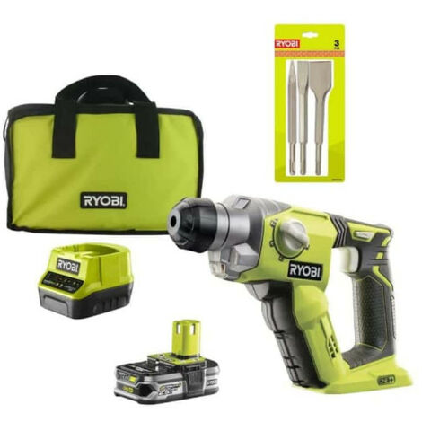 RYOBI Pack Marteau perforateur 18V One+ - 1 batterie LithiumPlus 2.5Ah - Kit 3 burins SDS+ - RAKSPC03