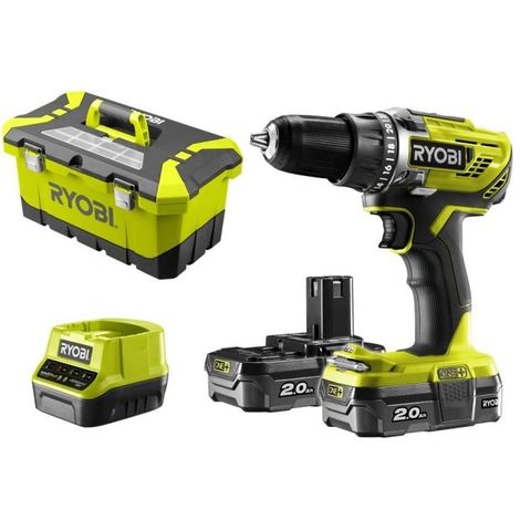 RYOBI PERCEUSE 18 V - 2 BATTERIES LITHIUM + 2,0 AH ET CHARGEUR - 2 VITESSES - MANDRIN 13 MM - LIVRÉE EN BOÎTE A OUTILS