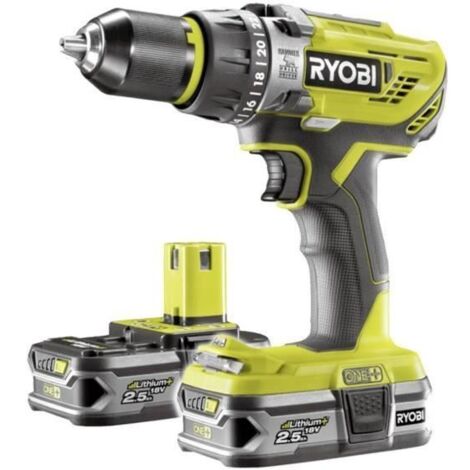 Ryobi – Perceuse à percussion 18V avec 2 batteries 2.5Ah – Couple 50Nm – Mandrin 13mm – Pour bois, métal et maçonnerie – Lumière LED intégrée - R18PD3-0