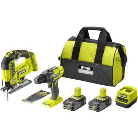 RYOBI Perceuse-visseuse à percussion 18V One+ - Scie sauteuse pendulaire - Sac de rangement - 2 batteries 2,5 Ah - 1 chargeur - RCK182B-225SA6