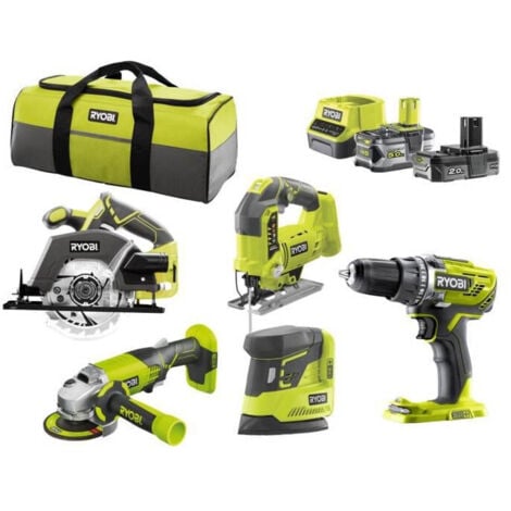 RYOBI R18CK3B-252SS Pack 5 outils ONE+ 18V (Perceuse, meuleuse, scie sauteuse, scie circulaire, ponceuse)