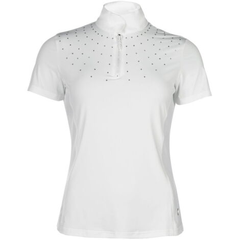 S, bianco: Maglia donna da concorso modello Skadi con inserto in rete e decoro cristalli