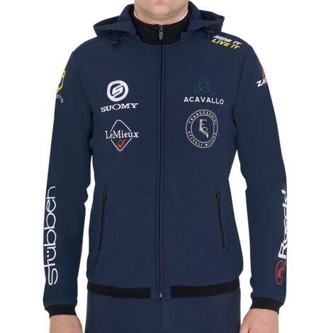 S, Blu: Giacca softshell multilogo da uomo slim fit in tessuto tecnico con cappuccio removibile
