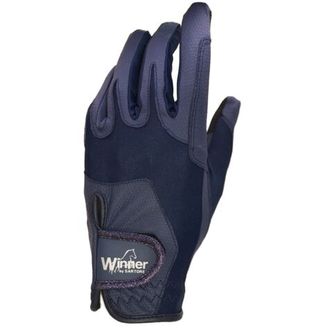 S, blu scuro: Guanti da concorso in similpelle con chiusura a strappo e inserto glitterato con touchscreen