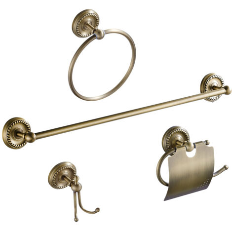 S-giant 4 pièces Accessoires de Salle de Bain - Laiton Antique - 40cm Barre Porte-Serviette Porte & Crochet & Porte-Papier Toilette & Porte Serviette Anneau