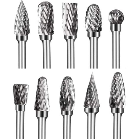 S-giant Fraises sur tige en Carbure de Tungstène à Double Coupe, 10 pièces Kit de fraises rotatives de 1/8” Tête d'affûtage de 6 mm pour Sculpture sur bois, Polissage métaux, Gravure, Perçage