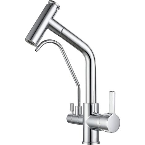 S-giant Robinet 3 Voies Cuisine Douchette Mitigeur Évier Avec 2 Becs Mitigeur Cuisine Pivotant 360 °,laiton Pour Évier De Cuisine à Eau Potable Compatible En Forme (Chrome)