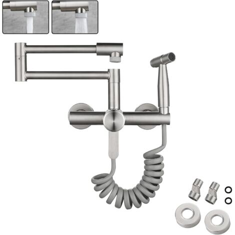 S-giant Robinet De Cuisine Montage Mural Tréfilage En Acier Inoxydable 304 De Qualité Alimentaire Avec Pistolet Et 2 Types De Jet D'eau évier Mitigeur Mural Pivotant à 360° Robinetterie (13CM-17CM)
