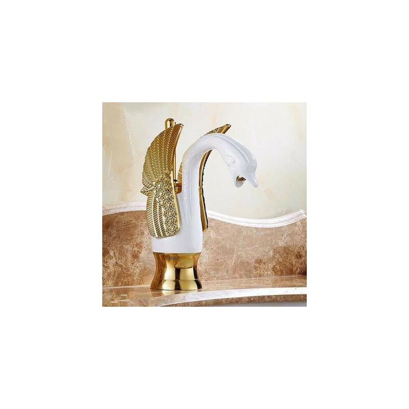Robinet Salle de Bain Doré Laiton Massif Mitigeur Haut Robinet Lavabo Salle de Bain Robinet De Pont Monté(court,Blanc) - S-giant