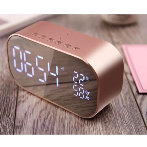 S2 Bluetooth 4.2 Haut-parleur stéréo Radio FM Appel mains libres Bureau Réveil Affichage à LED Miroir [Rose Doré]