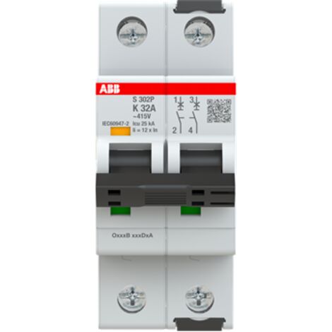 S300P-Disjoncteur 2P-32A-Courbe K-Pdc 20000A-400VAC 25KA-230VAC 40kA-2 modules 2CDS382001R0537 ABB A907844