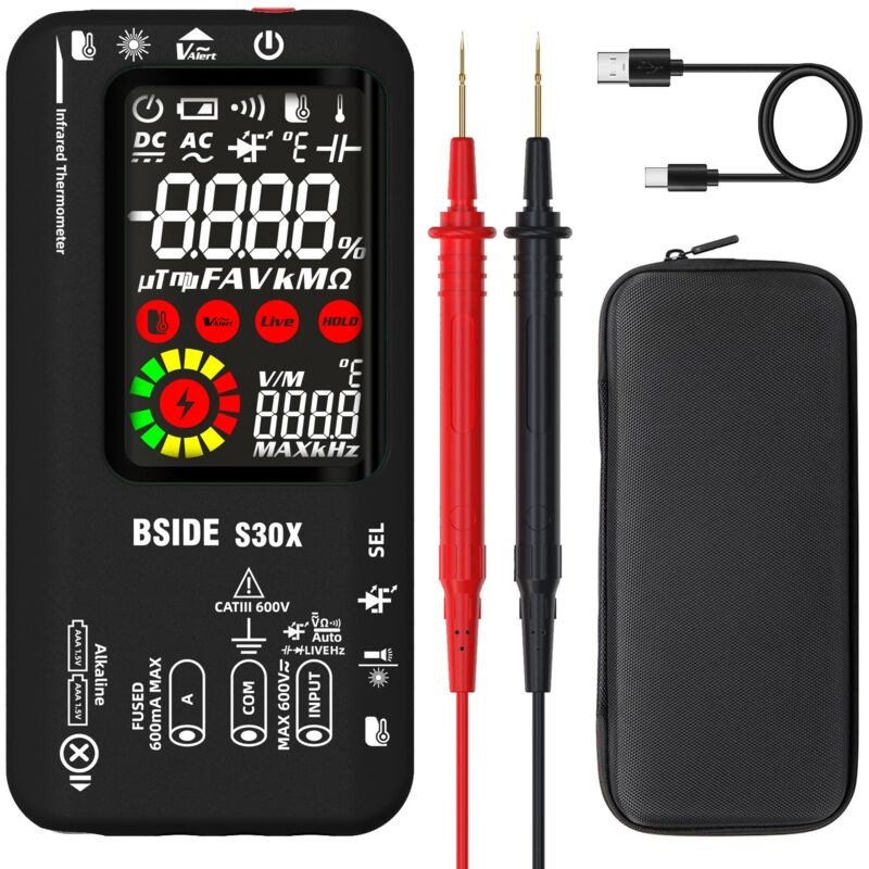 Durficst - S30X Multimètre Numérique Intelligent avec Thermomètre ir 12:1 Testeur Diode Haute Tension 9999 Comptes lcd Couleur Voltmètre Ampèremètre