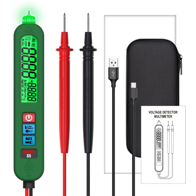 Durficst - S5 Stylo Testeur de Tension Électrique Multimètre Automatiaue Rechargeable avec Super Grand Écran Détecteur d'Électricité 12V-1000V