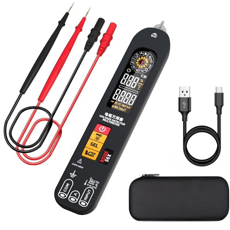 Durficst - S6X Multimètre Numérique Rechargeable Stylo Détecteur de Tension avec Écran id Couleur Testeur Automatique de Courant Tension Ohm et