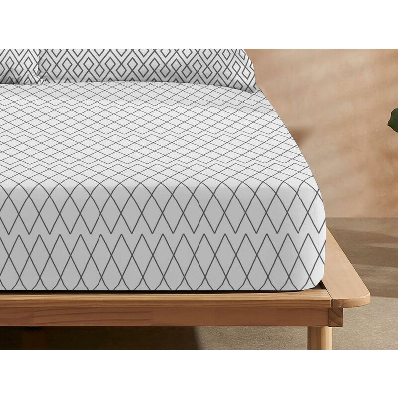 

Sábana bajera ajustable 100% algodón puro, 105 (105 x 200 cm +28 cm fuelle), 1 pieza, diseño geométrico en gris