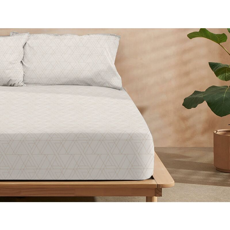 

Sábana bajera ajustable 100% algodón puro, 150 (160 x 200 cm +28 cm fuelle), 1 pieza, estampado geométrico de triángulos en tonos cálidos