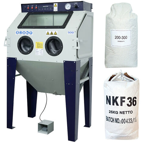 Sabbiatrice SOGI S-100 + sacco 25 kg di corindone grana 36 + 25 kg microsfere vetro grana 200/300, SOGI S-100+ 25 kg corindone grana 36 + 25 kg microsfere vetro grana 200/300
