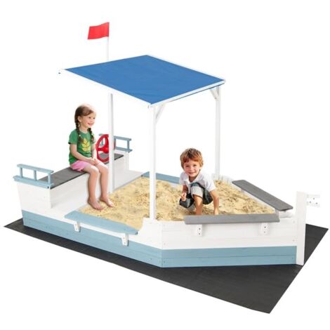 Sabbiera a forma di nave pirata con tetto e bandiera Timone, Sabbiera in legno senza fondo, Area giochi, per 3-8 anni