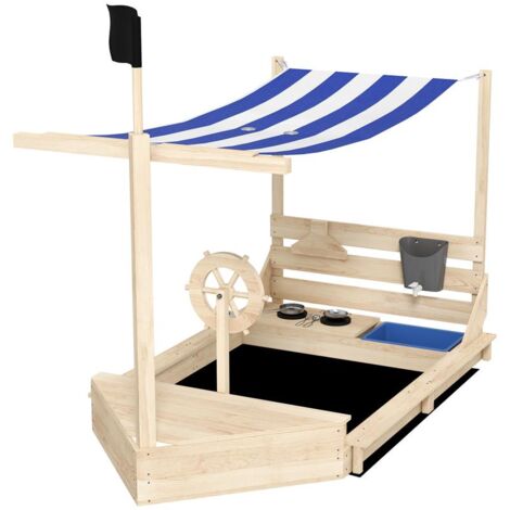 SABBIERA PER BAMBINI 3-7 ANNI CON TETTUCCIO E SET DA CUCINA. IN LEGNO DI ABETE. 180X103X144.5 CM