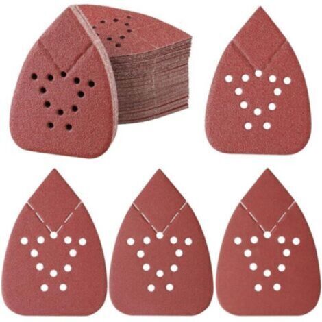 SABIR 100 Pièces Feuilles Abrasives Pour Ponceuse, Papier Abrasif Triangulaire 140 x 95 mm 12 Trous Papier abrasif pour ponceuse Grain 40/80/120/240/400 pour le Travail du Bois, Métal