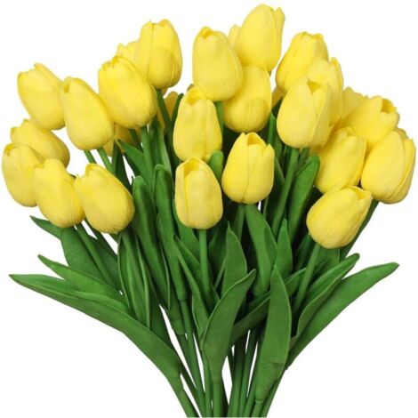 SABIR 10pcs Tulipes artificielles en Latex Bouquet Fleurs Artificielles Toucher réel Bouquets à Faire soi-même, fête de Table de Mariage, Décoration Bureau, Arrangements Floraux, Jaune