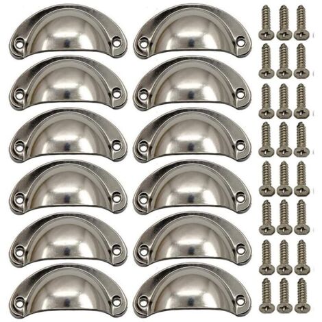 SABIR 12 × Poignée de Coquille Vintage pour Tiroir Armoire Meuble Cuisine, Alliage Fer-nickel Demi Lune Bouton de Meuble Bouton de Porte de Placard 8,1 cm x 3,5 cm Nickel Brossé,