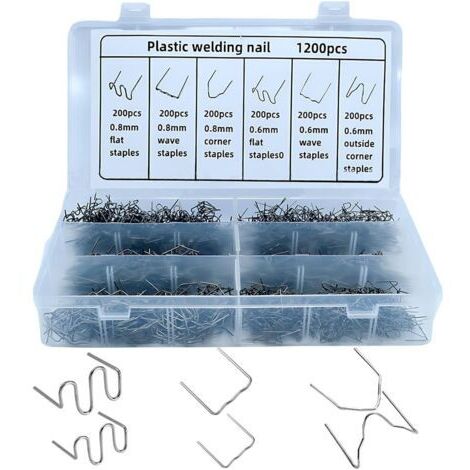 SABIR 1200pcs kit de soudage en plastique automobile, 6 formes différentes de 0,6 0,8 mm HOT Spike Welding Rod avec boîte de rangement, kit de réparation de clous de soudage en acier inoxydable pour s