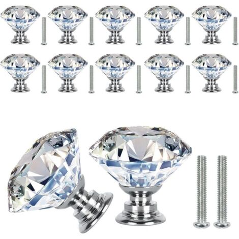 SABIR 12PCS 30 mm Boutons de porte à diamant clair avec vis, poignée de tiroir à armoire en cristal