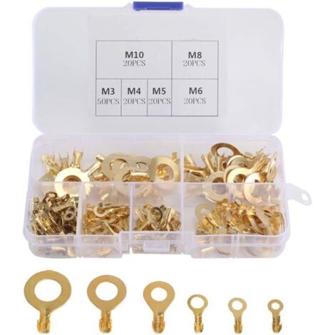 SABIR 150pcs Kit Cosses Electrique Ronde en Laiton Cosse à Sertir M3 M4 M5 M6 M8 M10 Cosse Batterie pour Moto/Voiture/Modélisme/Bateau/Connecteur de Câble