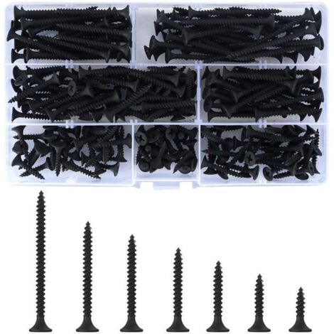 SABIR 220 Pièces Vis à Bois Autotaraudeuses, M3,5 x (16/20/25/30/35/40/50) mm Vis Autoforeuse à Tête Plate Croisée Noire, Vis à Métaux pour Cloisons Sèches Meubles