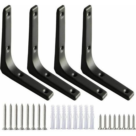 SABIR 4Pcs Equerre Etagere Murale Noire Equerre Charge Lourde Equerre Fixation 100  100mm Support d'Étagère en L Robuste Épaisseur 7,5mm avec Vis pour Étagère Suspendus Placard Déco(Acier),-