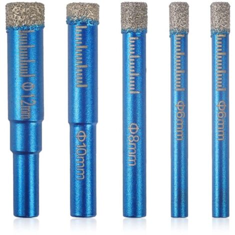 SABIR 5 Pcs Forets Mèches Diamant Brasés Forets pour Carrelage à Sec 6/6/8/10/12 mm Foret Carrelage pour Granit Marbre Verre Béton Matériaux Durs