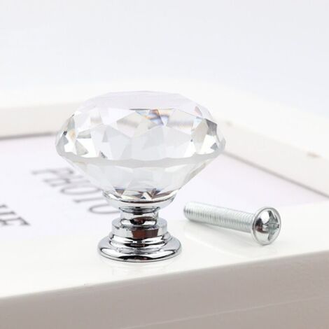 SABIR 5pcs Poignée Bouton de Porte Placard Meuble Tiroir - Diamant de Verre Cristal Transparent + Base en Alliage D'argent - 30mm avec vis