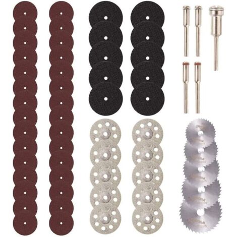 SABIR 60 Pièces Mini Disque Diamant à Tronçonner, Mini Lame de Scie Circulaire HSS, Mini Disque de Coupe en Résine avec 5 Mandrins pour Bois Verre Plastique Métal Pierre