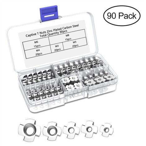 SABIR 90pcs Ecrou en T 4 Griffes, Ecrous en T en Acier au Carbone, M3/M4/M5/M6/M8, Travail du Bois Meuble, Écrou Inserts en Acier au Carbone T