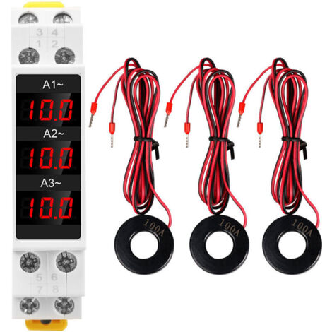 SABIR Ampèremètre triphasé sur rail DIN avec affichage numérique LED, haute précision, avec 3 capteurs, AC 80-500V 1-100A