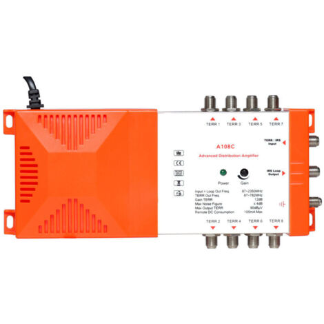 SABIR – Amplificateur de distribution TV 8 voies – Gain 12 dB – Fréquence 87-2350 MHz – Faible bruit pour installations professionnelles