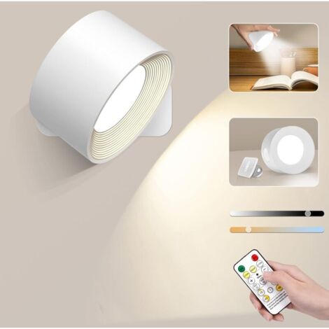 SABIR Applique Murale Interieur, Lampe de Chevet Chambre Sans Fil 10 Niveaux de Luminosité 3 Températures Lampe Murale Tactile LED Applique Murale Chambre avec Télécommande Rotatifs 360° Liseuse Lamp