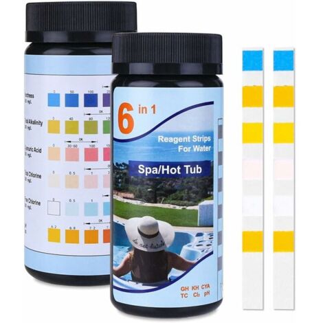 SABIR Bandelettes de Test pour Piscine 6 en 1, Papier ph Bandes Test 50 Pièces, Test de Qualité d'eau, Chlore, Brome, Nitrite, Nitrate, Dureté, Alcalinité Totale