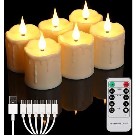 SABIR Bougies sans flamme rechargeables, avec télécommande et minuterie, bougies chauffe-plat LED réalistes à piles, lot de 6 fausses bougies électriques blanc chaud (chargement USB)