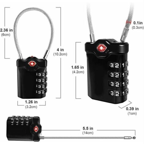 SABIR Code 4 Chiffres Cadenas Bagage pour Valise Voyage Cadenas Casier Collège avec Fonction d'alerte Bagages Ouverts et Cable en Acier (Noir)-1 article