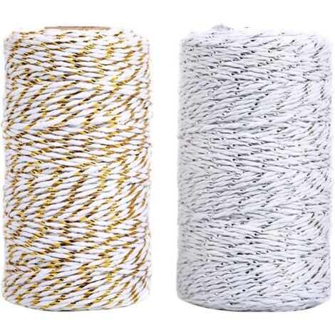 SABIR Corde De Ficelle en Coton Et Jute pour Travaux Manuels - 200 m De Ficelle en Coton pour Emballage Cadeau, Emballage d'art, Décoration De Jardin (Or, Argent, 2 Rouleaux Au Total)