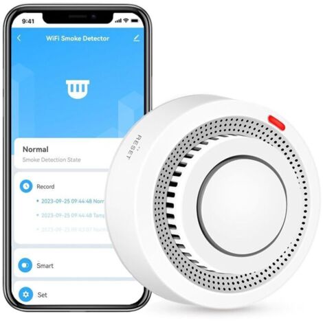 SABIR Détecteur de fumée intelligent Wi-Fi, alarme incendie, alarme de fumée sans fil domestique avec notification par application (batterie non incluse)